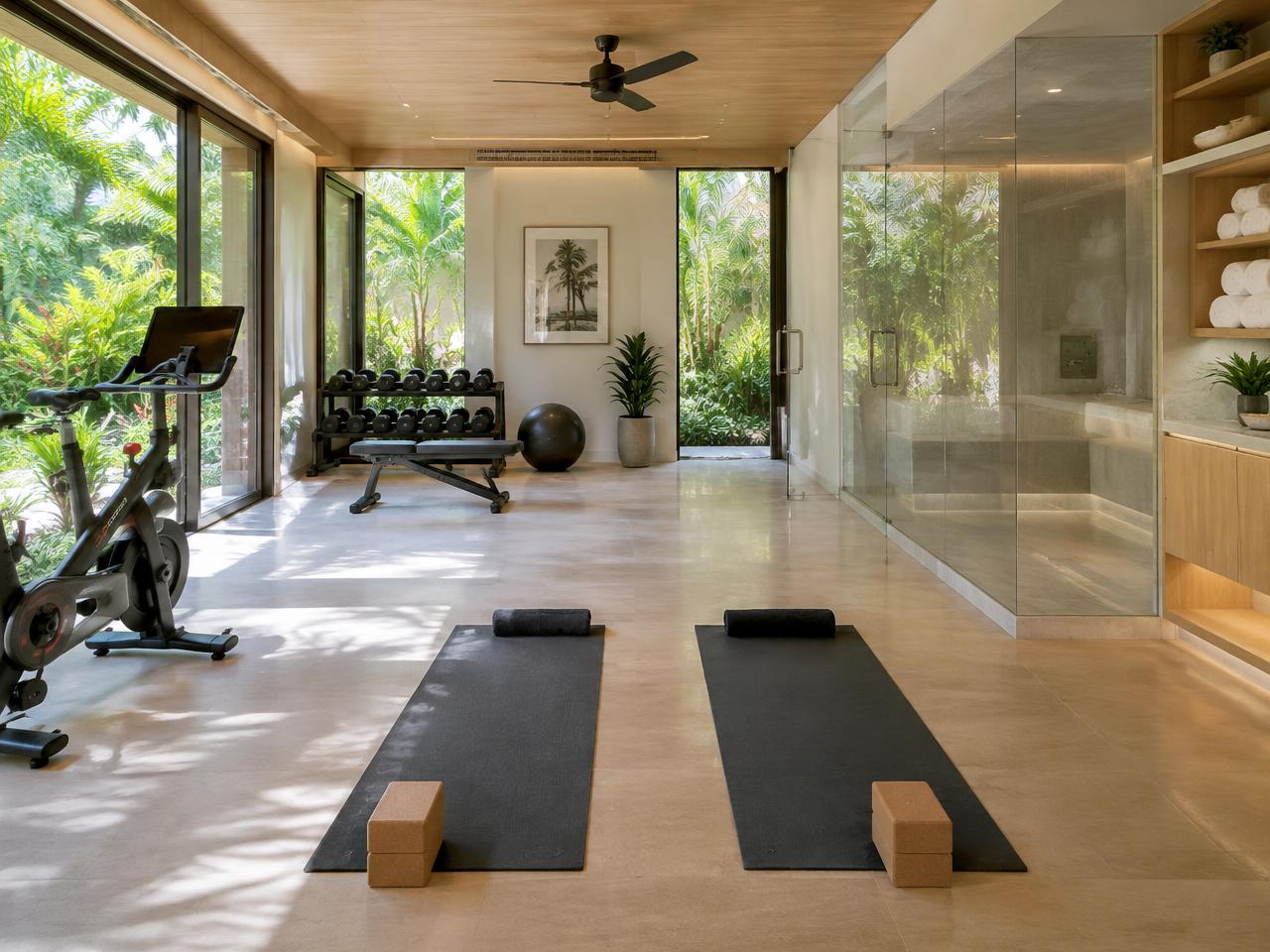 Gym, yoga studio and steam room